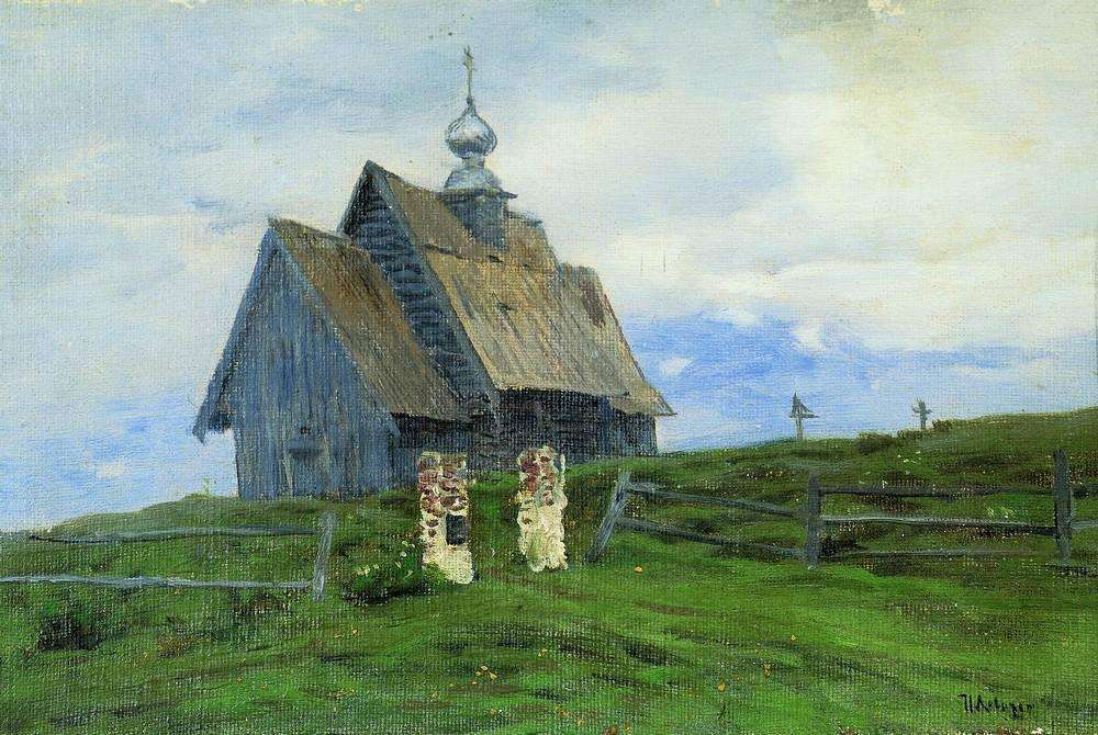 И.И. Левитан. Деревянная церковь в Плёсе при последних лучах солнца. 1888.